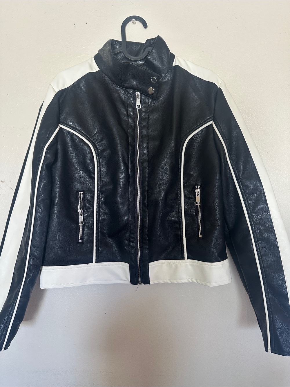 Fashion Nova Black and White Faux Leather Moto Jacket NWT
